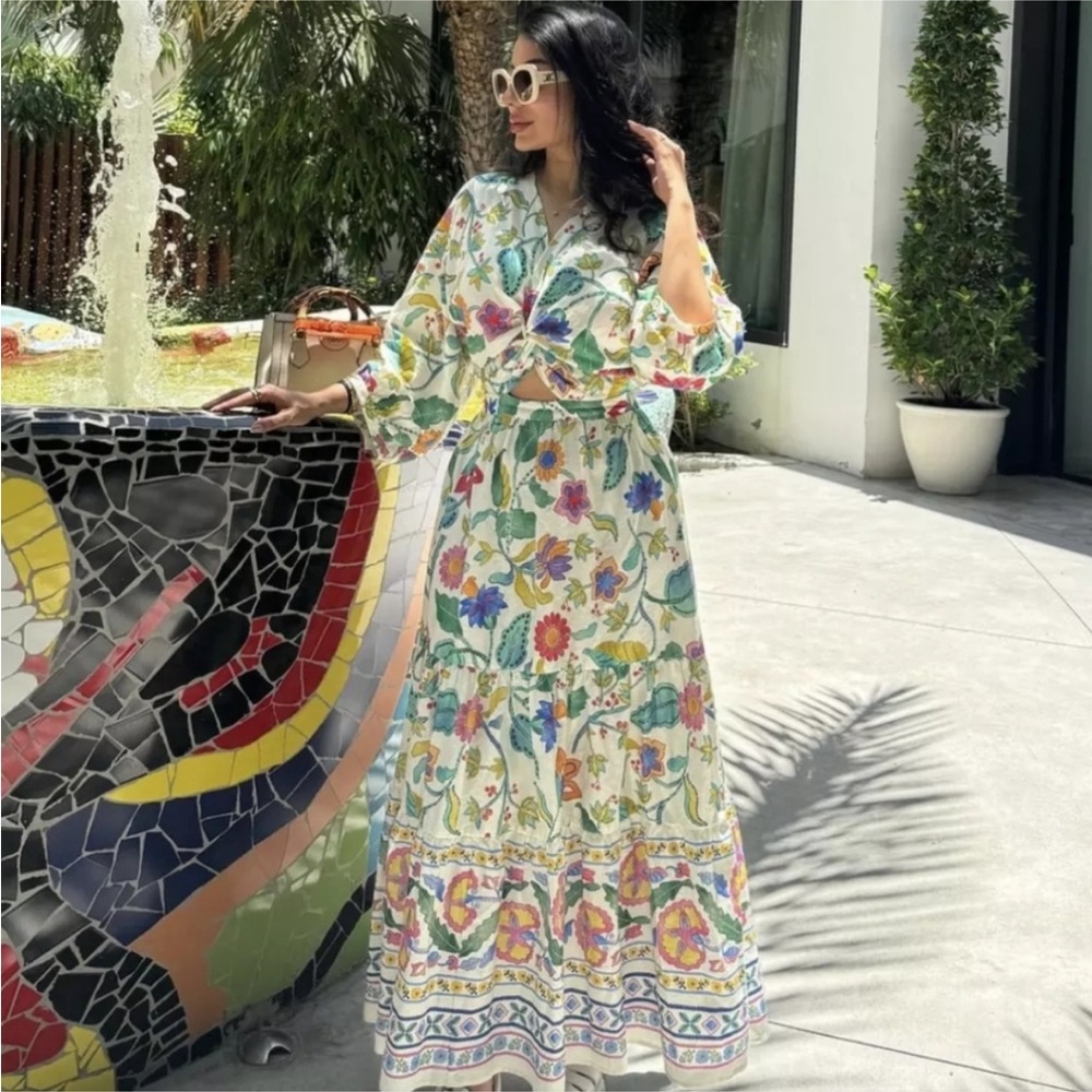 PRINTED LINEN BLEND KNOTTED DRESS - Picture 10 of 16